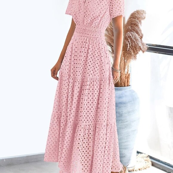 Womens 2025 Summer Maxi Dress Short Sleeve V Neck Hollow Out Eyelet A Line Long - Picture 3 of 7